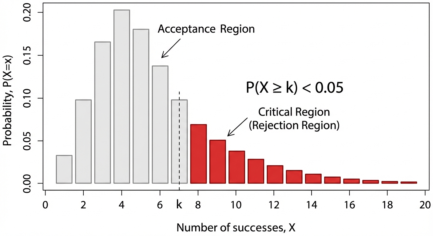 A bar chart of a Binomial distribution with the bars in the right tail (the critical region) shaded in red, showing the area where P(X >= k) < 0.05