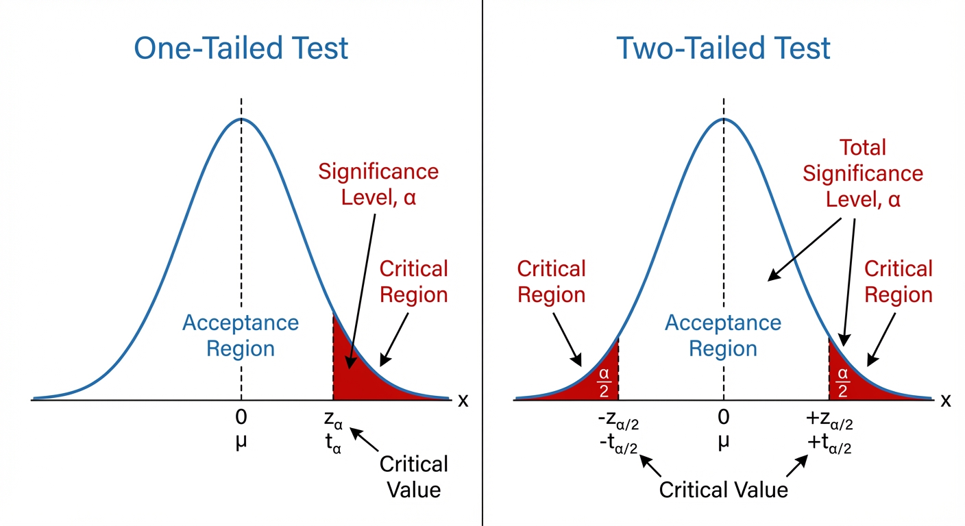 A bell curve diagram showing the tails shaded in. For a one-tailed test, one tail is shaded. For a two-tailed test, both tails are shaded. The shaded area is labelled 'Critical Region' and its size is labelled 'Significance Level, '.