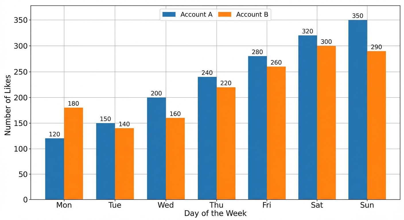 A dual bar chart comparing the number of likes on posts for two different social media accounts over a week.
