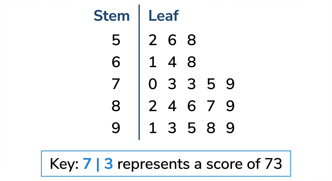 An ordered stem-and-leaf diagram showing the scores of 20 students on a test, with a clear key below it.