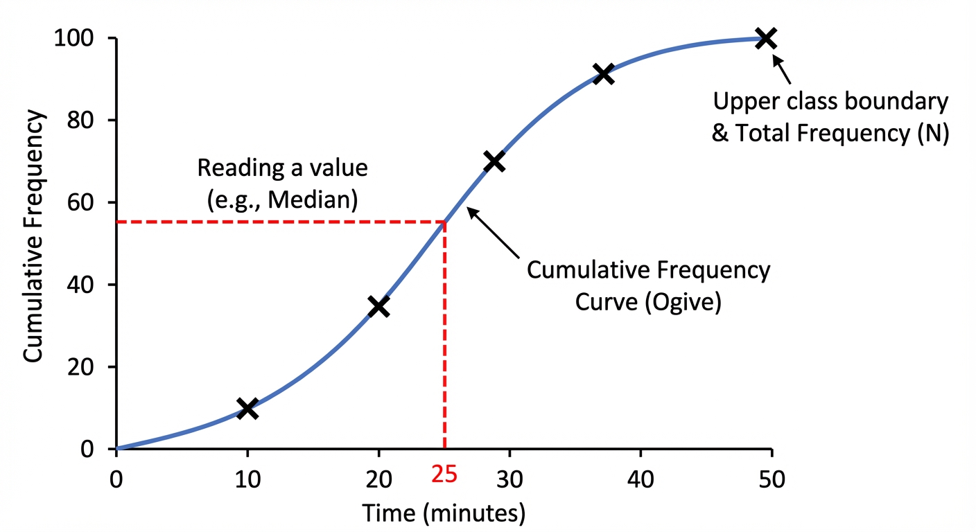 An S-shaped cumulative frequency curve showing cumulative frequency on the y-axis and a continuous variable like 'time' on the x-axis. Points are marked with 'x' at the upper boundary of each class interval and joined with a smooth curve.