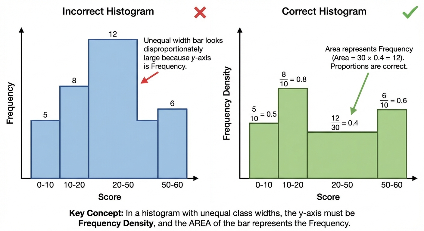 A side-by-side comparison of two graphs. The left graph is an incorrect histogram with unequal class widths where the y-axis is frequency, making a wide bar look disproportionately large. The right graph is the correct histogram of the same data, with Frequency Density on the y-axis, showing the bars in their correct proportions where area represents frequency.