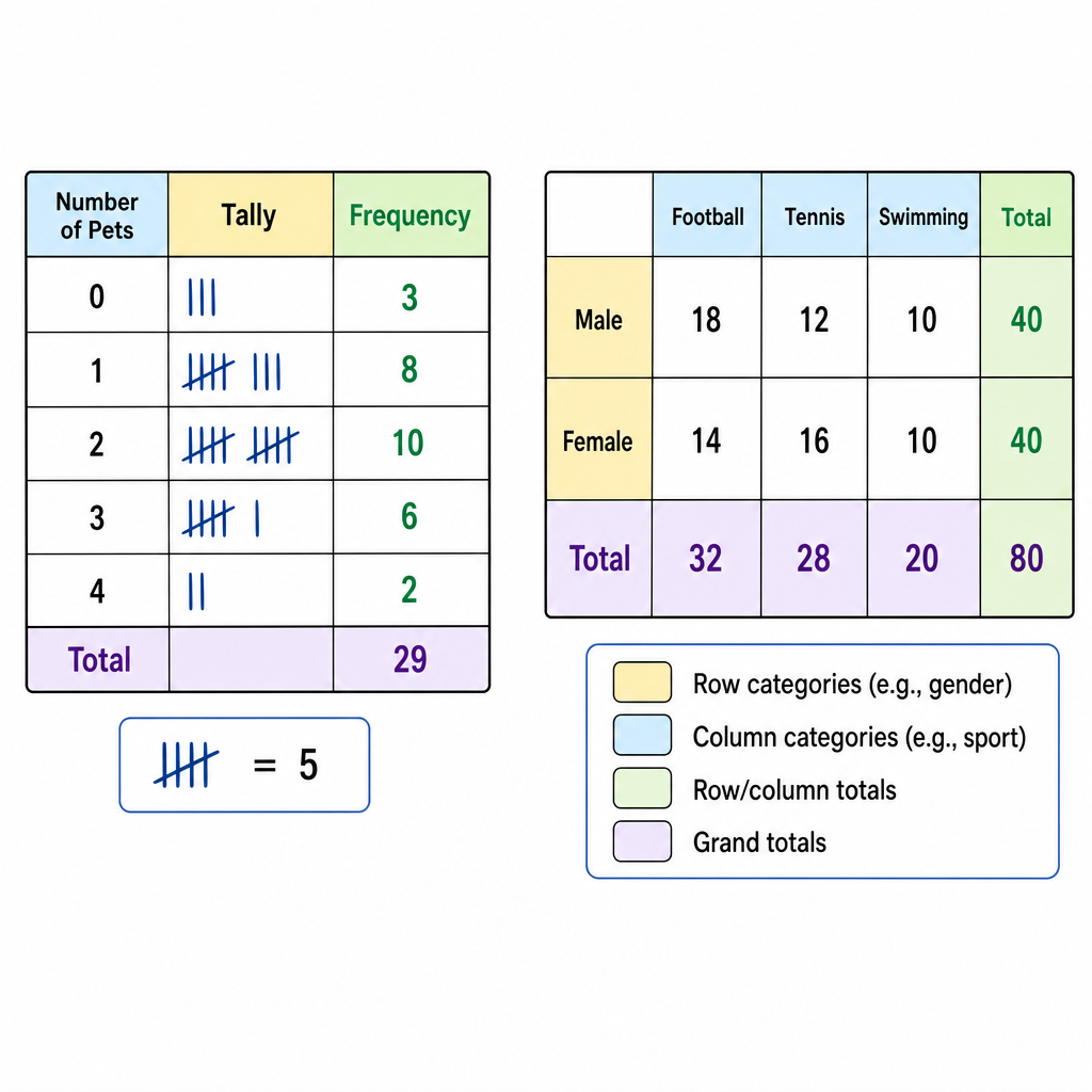 A side-by-side comparison. Left: a tally-frequency table for 'number of pets' with 5 rows. Right: a two-way table with rows 'male/female/total' and columns 'football/tennis/swimming/total', with sample cells filled.
