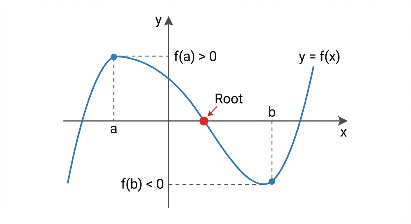 A graph of a continuous function y=f(x). Point 'a' is marked on the x-axis, with f(a) being a positive y-value above the axis. Point 'b' is marked further along the x-axis, with f(b) being a negative y-value below the axis. The curve smoothly crosses the x-axis between a and b, and the root is highlighted at the crossing point.