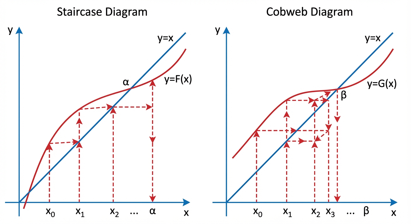 A side-by-side comparison of a staircase and a cobweb diagram, showing the iteration steps converging towards the intersection of y=x and y=F(x)