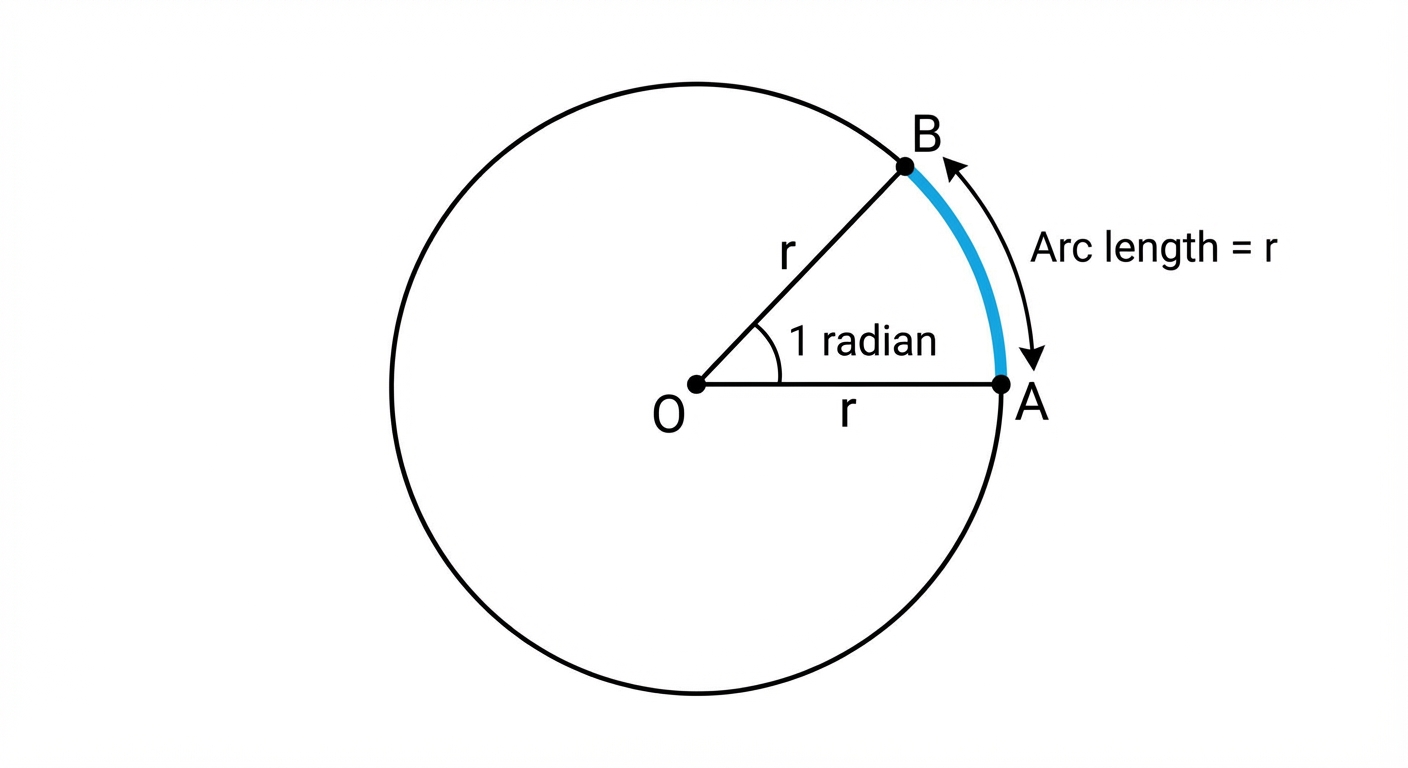 A diagram showing a circle with radius 'r'. An arc along the circumference, also of length 'r', is highlighted. The angle at the center subtended by this arc is labeled '1 radian'.