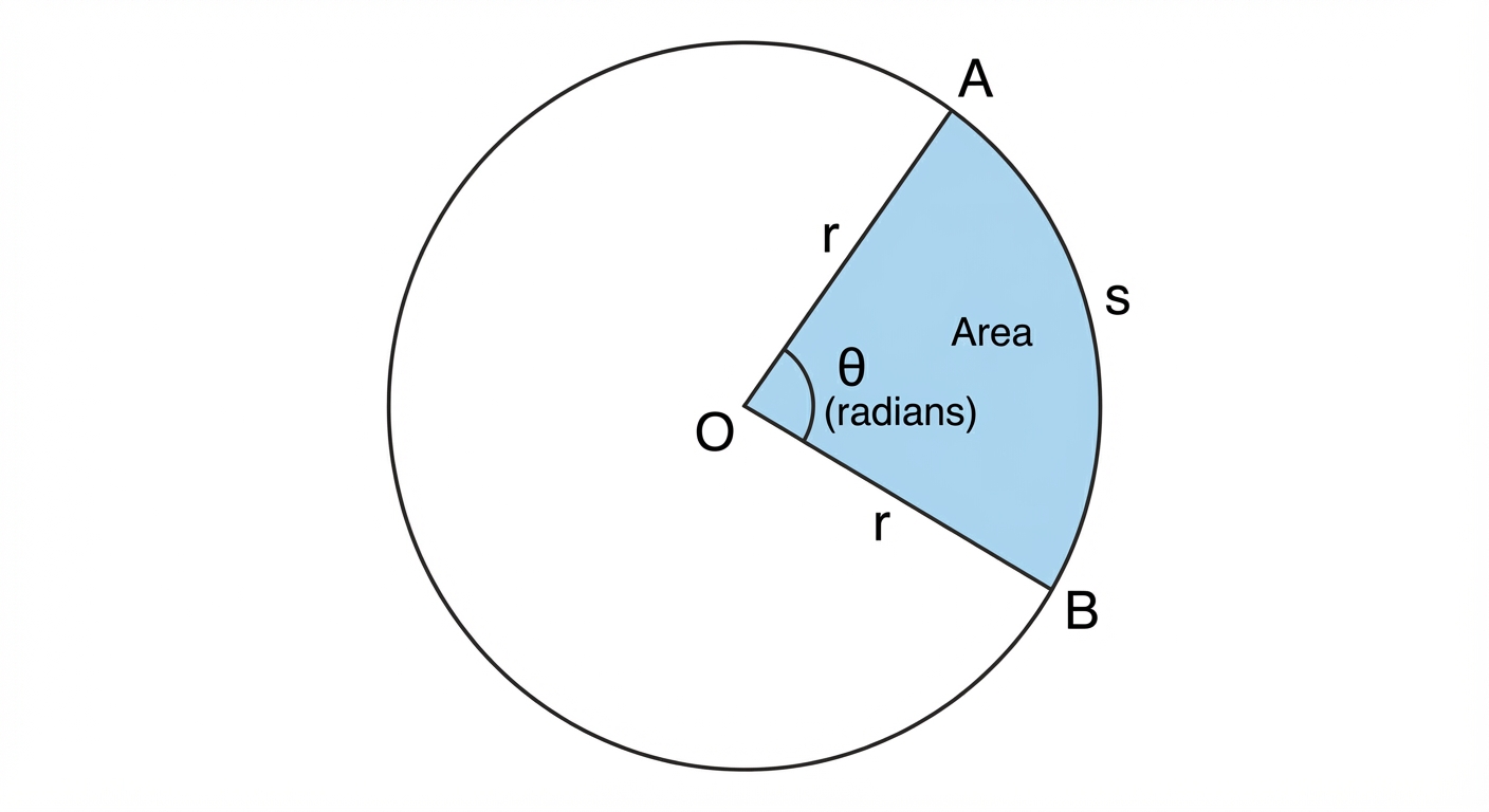 A diagram of a circle with centre O and radius r. A sector is marked out by two radii, OA and OB, with the angle between them at the centre labelled as θ (in radians). The arc length between A and B is labelled 's', and the area of the sector OAB is shaded.