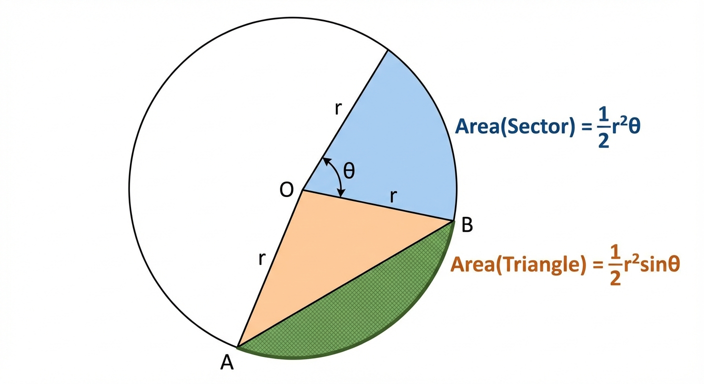 A diagram of a circle with a sector OAB. The central angle is labeled θ. The triangle OAB is shown inside the sector. The segment, which is the area between the chord AB and the arc AB, is highlighted. The formulas Area(Sector) = ½r²θ and Area(Triangle) = ½r²sinθ are written next to the corresponding shapes.