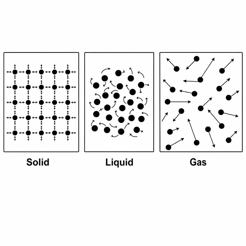 Three side-by-side panels labelled "Solid", "Liquid", "Gas". Solid panel: about 25 dots arranged in a tight regular lattice with tiny double-headed vibration arrows around each dot. Liquid panel: about 25 dots close together but disordered with short curved motion arrows. Gas panel: about 25 dots widely spaced filling the whole frame with long random-direction straight arrows. Clean black-on-white technical diagram, each panel boxed with its label centred underneath.
