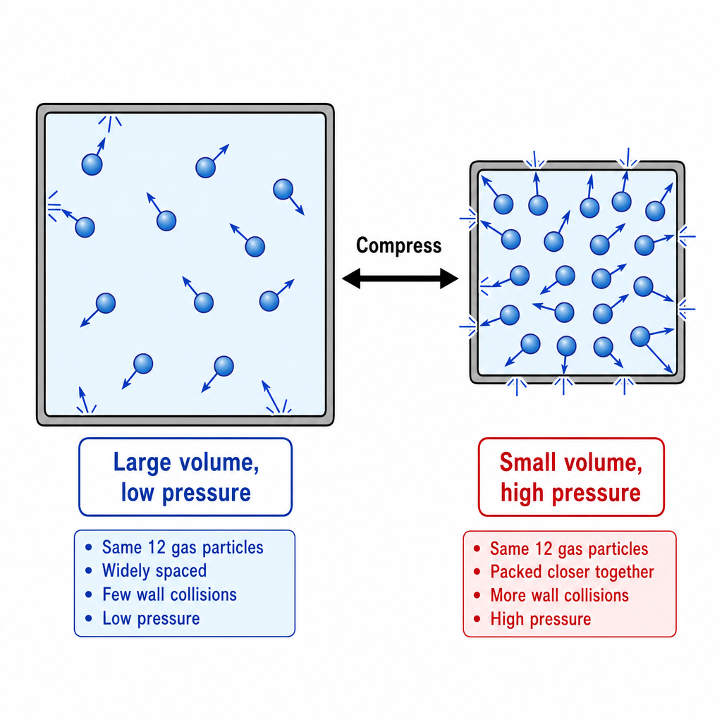 Two side-by-side cartoon containers. Left container labelled "Large volume, low pressure": about 12 gas particle dots widely spaced, each with a short arrow, only a few hitting the walls. Right container labelled "Small volume, high pressure": same 12 dots packed closer in a smaller container, more particles touching walls, more wall-collision arrows. A double-headed arrow between the two containers labelled "Compress" pointing from left to right. Clean technical comparison.