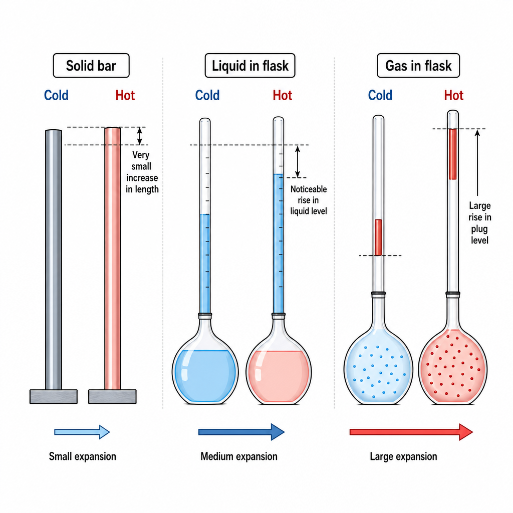 A side-by-side comparison of three identical containers labelled "Solid bar", "Liquid in flask", "Gas in flask". For each, two versions are shown: "cold" (left, light blue tint) and "hot" (right, light red tint). The solid bar barely lengthens. The liquid in the flask rises noticeably up a thin tube. The gas in the flask pushes a coloured liquid plug far up a thin tube. Arrows beneath each pair show the relative expansion as small, medium, large. Clean technical comparison diagram, black labels on white.