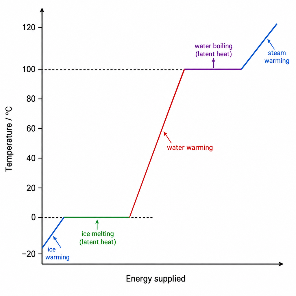 A heating curve graph for water. Vertical axis "Temperature / °C" from -20 up to 120, horizontal axis "Energy supplied". The curve starts at -20 °C, rises diagonally to 0 °C (label: "ice warming"), runs flat at 0 °C for a long stretch (label: "ice melting (latent heat)"), rises diagonally again to 100 °C (label: "water warming"), runs flat at 100 °C for an even longer stretch (label: "water boiling (latent heat)"), then rises again into the steam region (label: "steam warming"). Clean labelled technical graph, black on white.