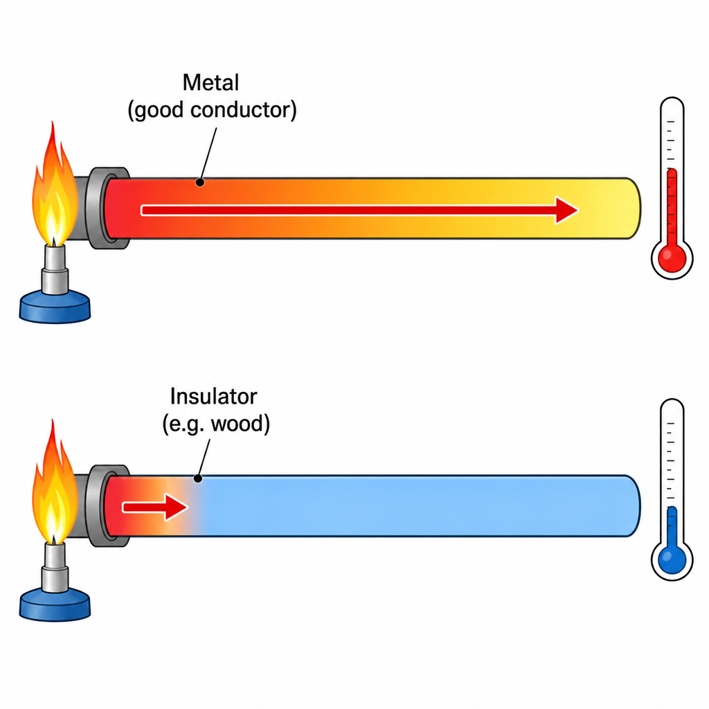 Two side-by-side rod diagrams, each held at one end in a flame. Left rod labelled "Metal (good conductor)": colour gradient shows red at the flame end fading to orange and yellow along the rod toward the cool end, with a long red arrow inside the rod showing heat travelling quickly to the right. Right rod labelled "Insulator (e.g. wood)": colour gradient shows red only at the flame end with a short stub arrow not far past the flame, the rest of the rod cool blue. Both have a small flame icon on the left end and a small thermometer at the right end. Clean technical comparison on white.