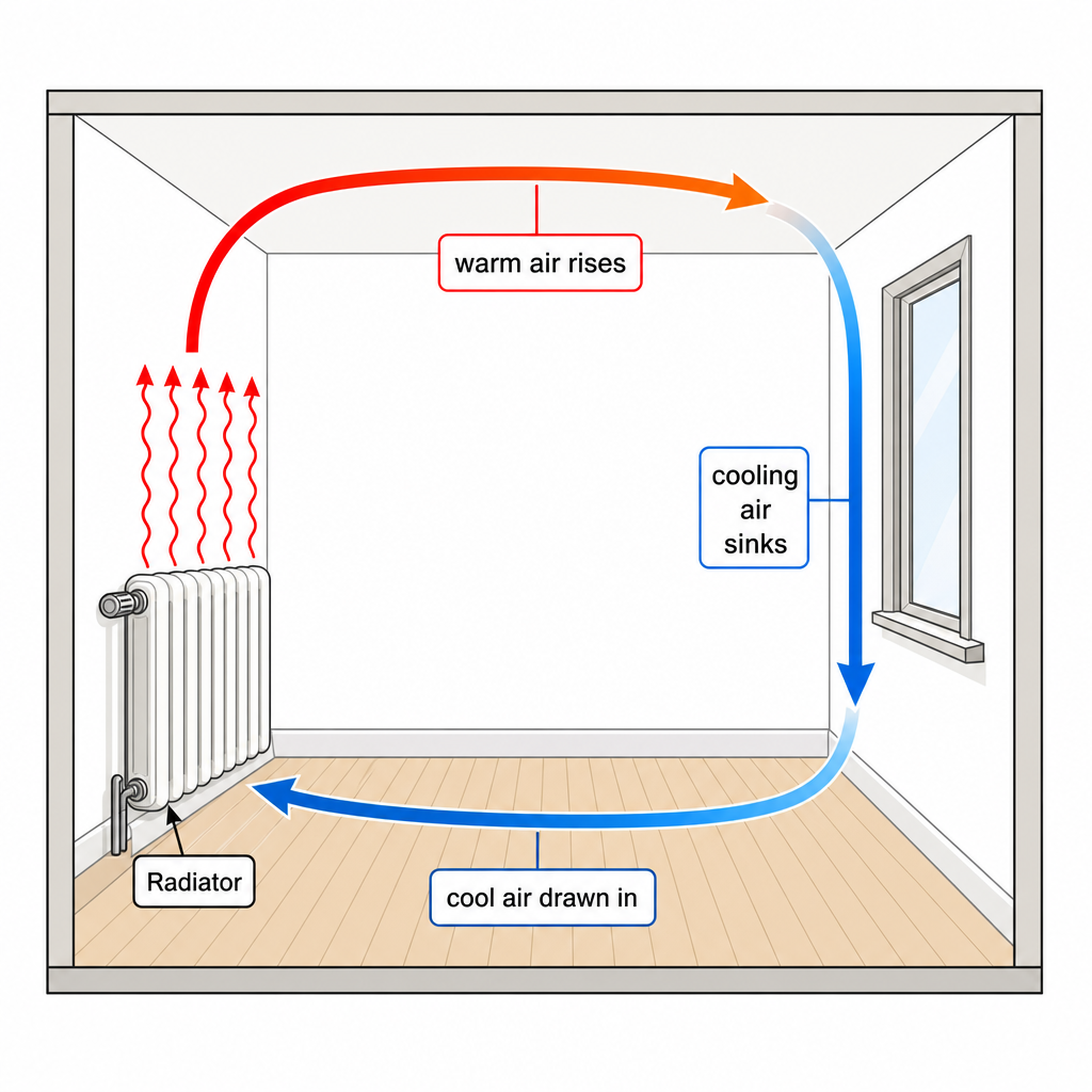 Cross-section diagram of a room interior. On the left wall, a radiator drawn with red squiggly arrows rising straight up from it. A continuous curved arrow loops from above the radiator across the ceiling toward the opposite wall (labelled "warm air rises"), then down the far wall (labelled "cooling air sinks"), then along the floor back toward the radiator (labelled "cool air drawn in"). The whole loop is one big curve showing the convection current. Small "Radiator" label on the heater. Clean educational illustration.