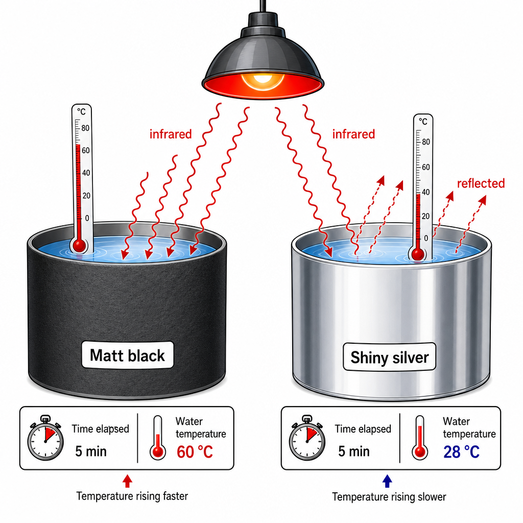 Two metal cans side by side, both filled with water at the same starting temperature. The left can is labelled "Matt black" and drawn in dark grey with a rough texture. The right can is labelled "Shiny silver" and drawn in light grey with reflection highlights. Both cans face an identical heat lamp drawn at the top centre between them. Wavy arrows labelled "infrared" travel from the lamp to each can. On the black can the arrows are drawn entering and absorbed; on the silver can they are drawn bouncing off as reflection. A thermometer in each can shows the black can's reading rising faster. Clean technical comparison diagram.