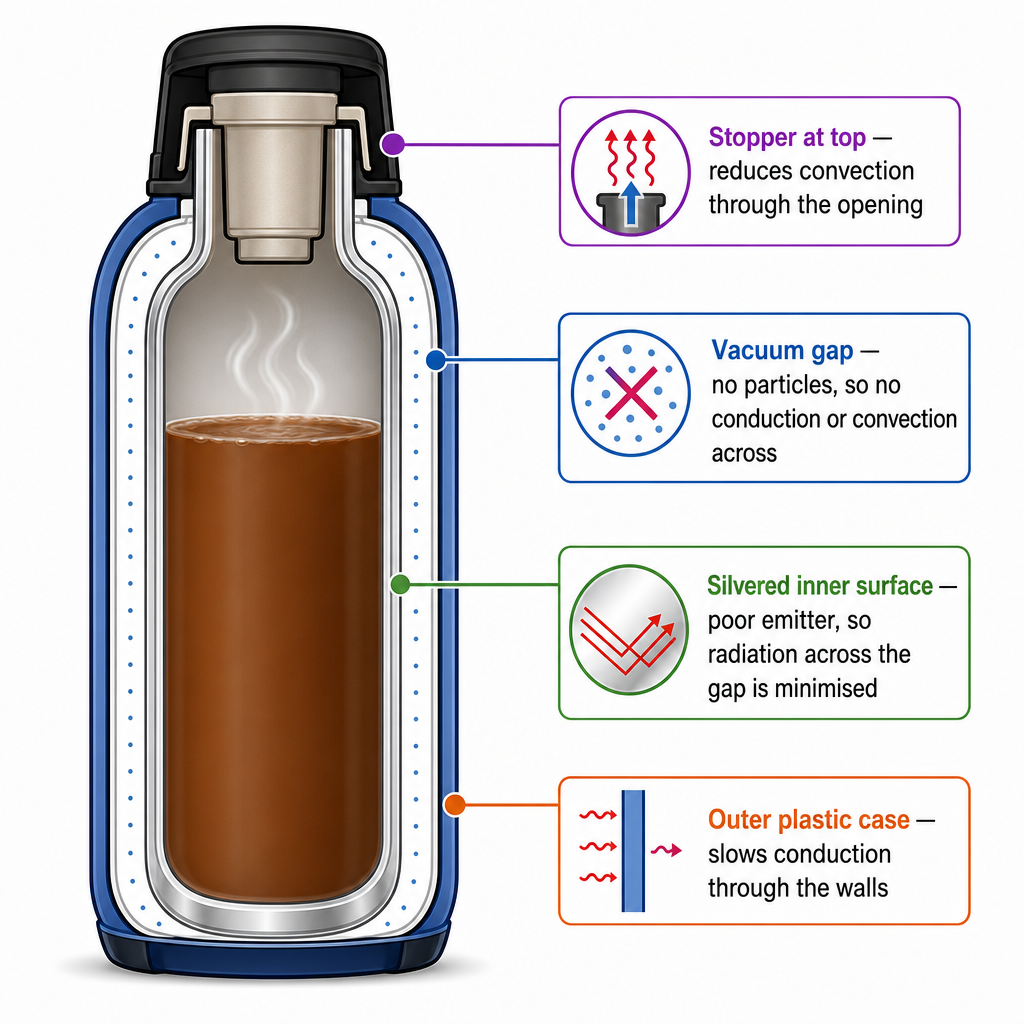 Labelled cross-section of a vacuum flask. From outside in: outer plastic casing, then a vacuum gap, then a silvered inner wall, then the hot drink. Four callouts with arrows: "Outer plastic case — slows conduction through the walls", "Vacuum gap — no particles, so no conduction or convection across", "Silvered inner surface — poor emitter, so radiation across the gap is minimised", "Stopper at top — reduces convection through the opening". Clean technical schematic with each heat-transfer mechanism shown being blocked by a labelled feature.