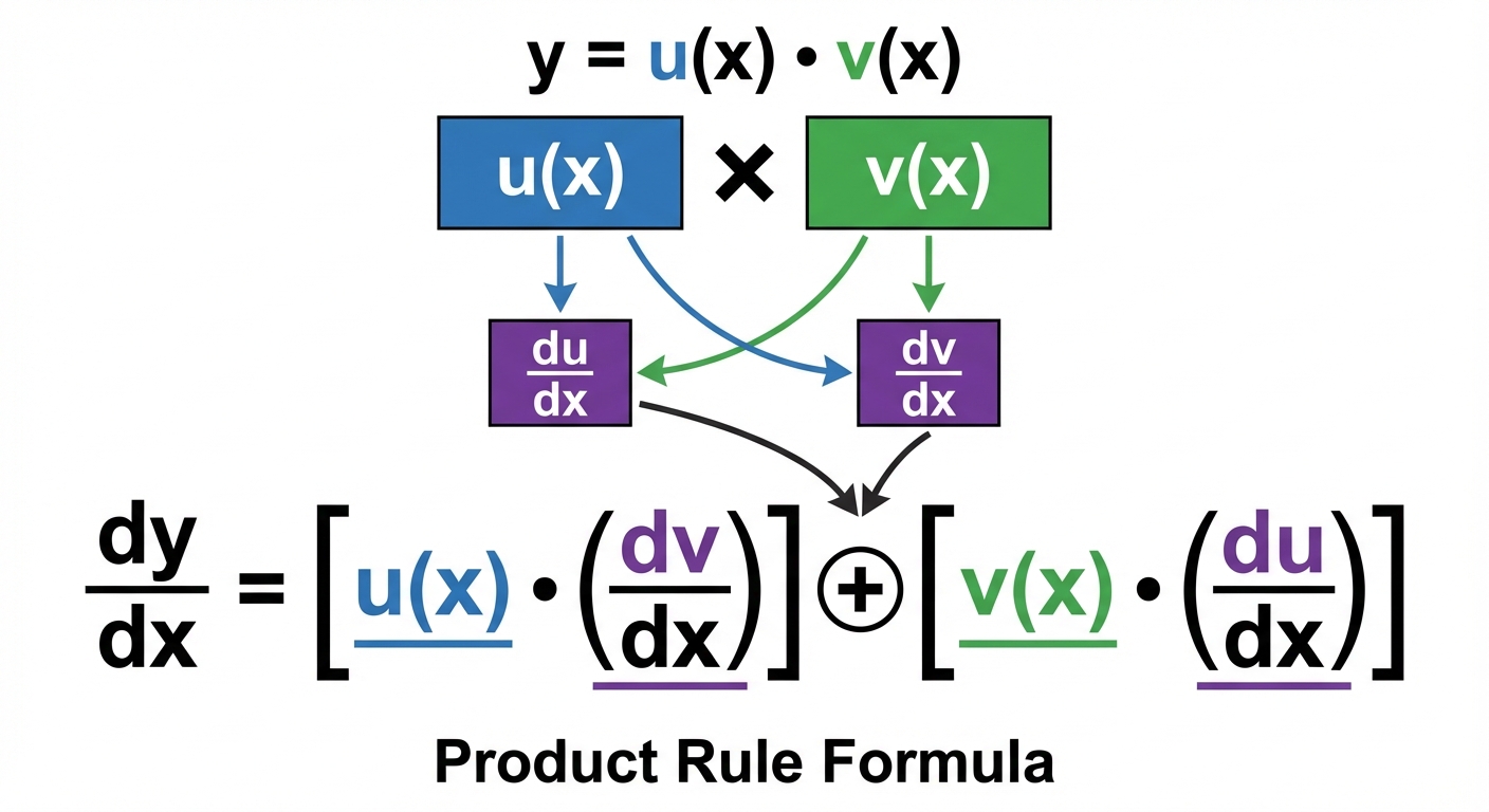 A colourful diagram of the Product Rule formula, showing u and v as two distinct blocks. Arrows point from v to dv/dx and from u to du/dx, then combine into the final formula.