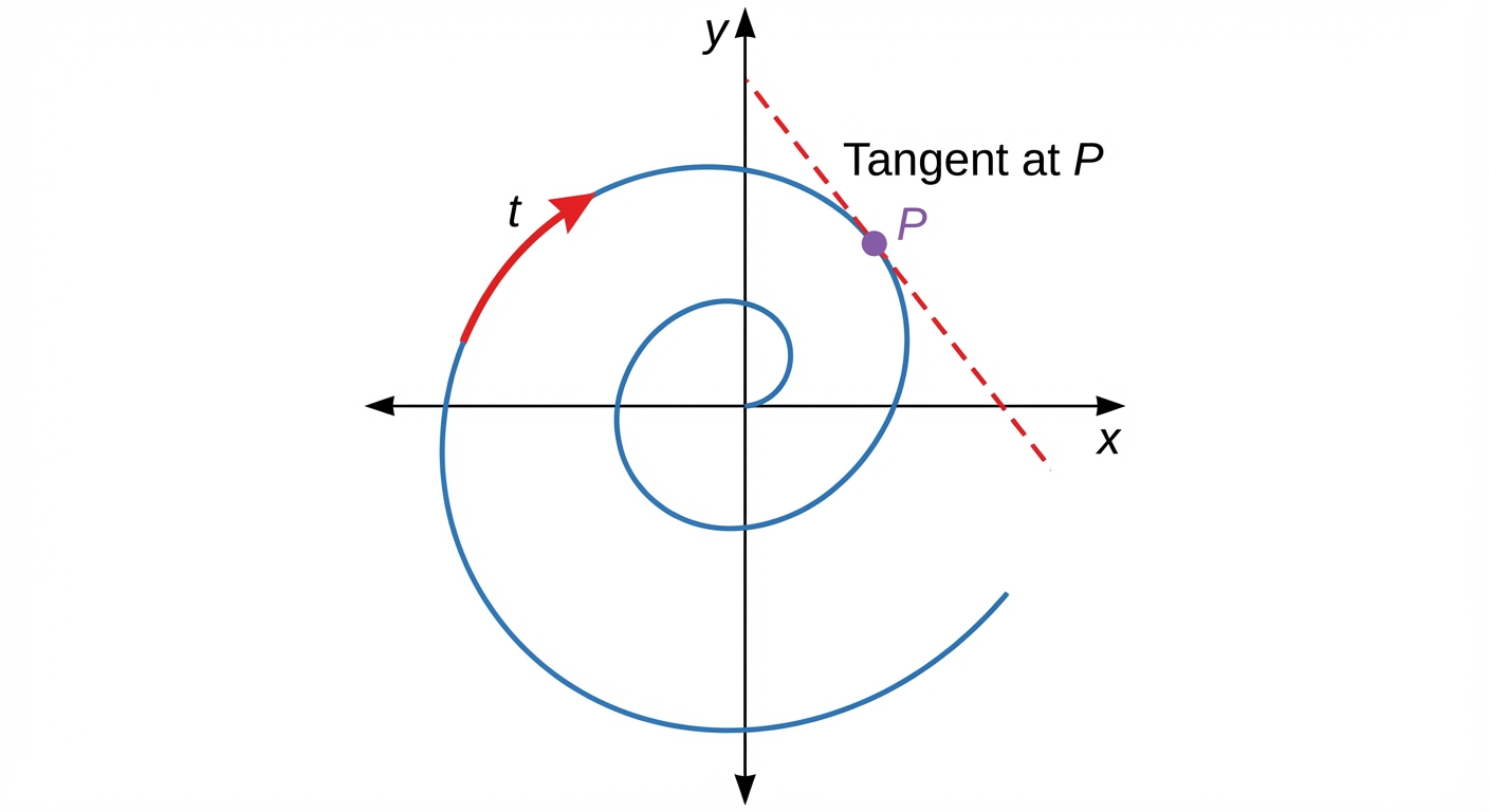 A diagram showing a parametric curve, like a spiral, with an arrow indicating the direction of increasing 't'. A point P on the curve is marked, with a tangent line drawn through it.