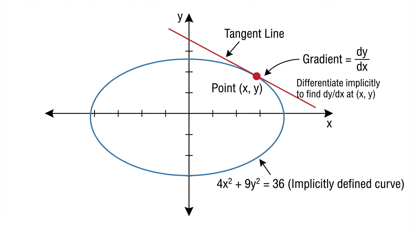 An image of an implicitly defined curve, like an ellipse (e.g., 4x^2 + 9y^2 = 36). A point (x, y) on the curve is shown with its tangent line, demonstrating that the gradient can be found at any point.