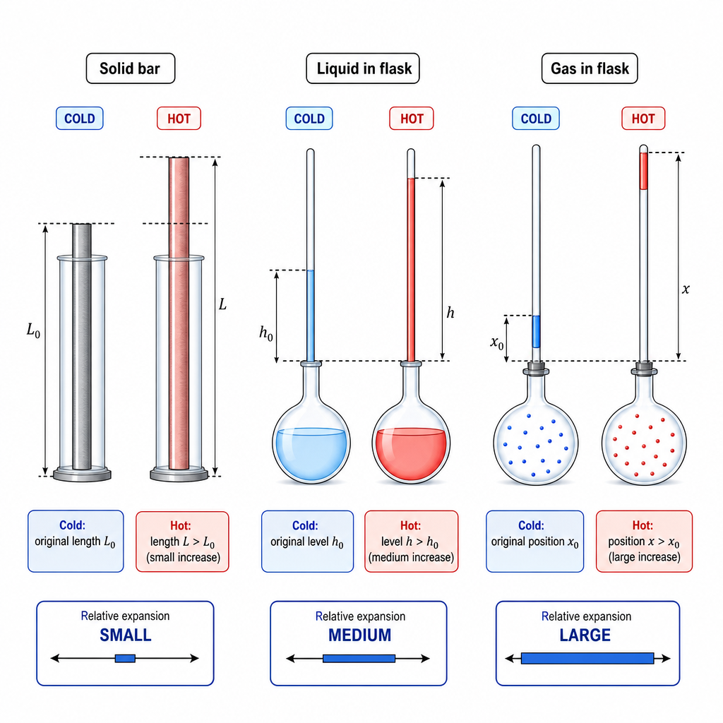 A side-by-side comparison of three identical containers labelled "Solid bar", "Liquid in flask", "Gas in flask". For each, two versions are shown: "cold" (left, blue tint) and "hot" (right, red tint). The solid bar barely lengthens. The liquid in the flask rises noticeably up a thin tube. The gas in the flask pushes a coloured liquid plug far up a thin tube. Arrows beneath each pair show the relative expansion magnitude as small, medium, large. Clean technical comparison diagram.