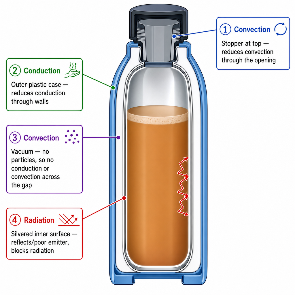 A labelled cross-section of a vacuum flask (thermos). From outside in: outer plastic casing, then a vacuum gap, then a silvered inner wall, then the hot drink. Labels with arrows: "Outer plastic case — reduces conduction through walls", "Vacuum — no particles, so no conduction or convection across the gap", "Silvered inner surface — reflects/poor emitter, blocks radiation", "Stopper at top — reduces convection through the opening". Clean technical schematic with three different heat-transfer mechanisms each shown being blocked by a labelled feature.