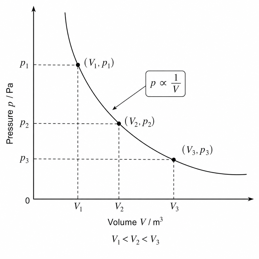 A graph with axes labelled "Pressure $p$ / Pa" (vertical) and "Volume $V$ / m^3" (horizontal). A smooth hyperbola curves from top-left to bottom-right showing $p \propto 1/V$. Three points are marked on the curve with dashed lines projecting to both axes, labelled $(V_1, p_1)$, $(V_2, p_2)$, $(V_3, p_3)$ with $V_1 < V_2 < V_3$. Clean technical graph, black on white.