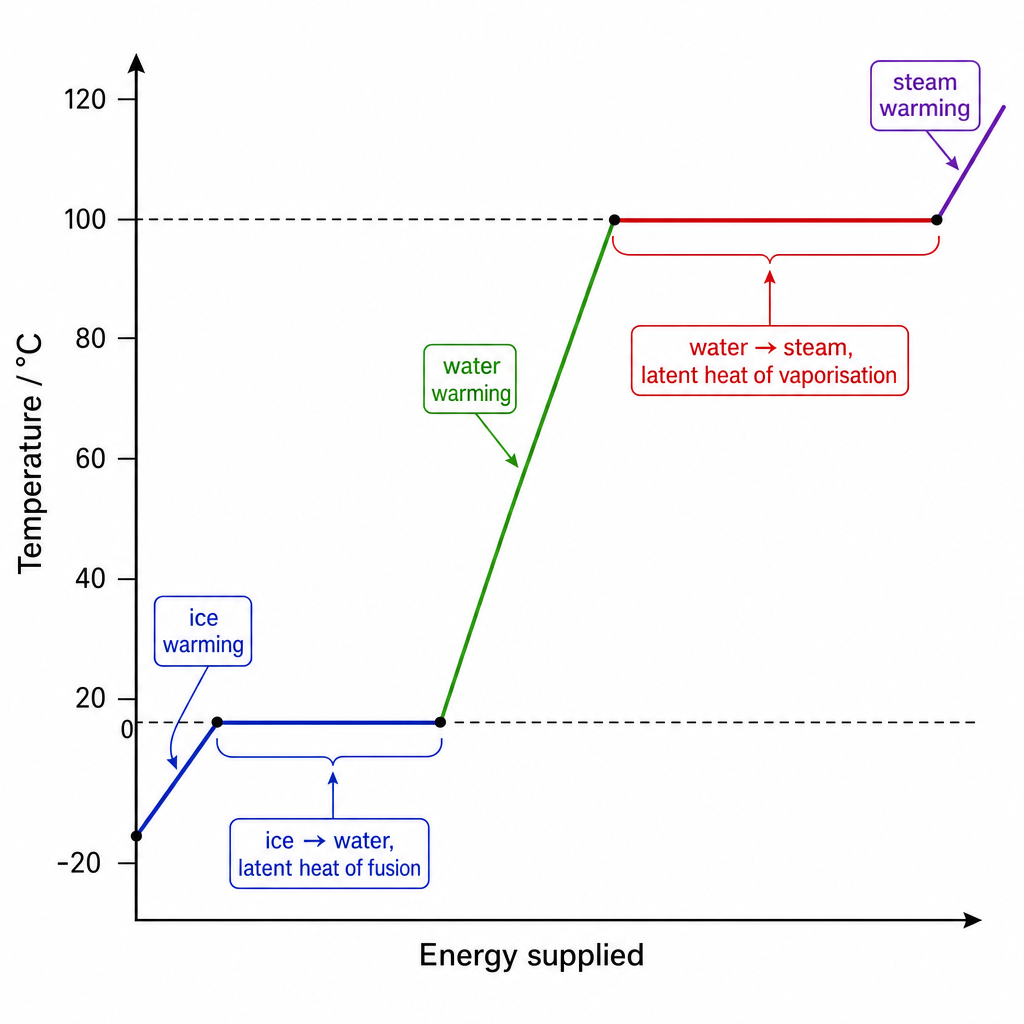 A heating curve graph for water. Vertical axis "Temperature / °C" from -20 to 120, horizontal axis "Energy supplied". The curve starts at -20 °C, rises diagonally to 0 °C (label: "ice warming"), runs flat at 0 °C for a long stretch (label: "ice → water, latent heat of fusion"), rises diagonally again to 100 °C (label: "water warming"), runs flat at 100 °C for an even longer stretch (label: "water → steam, latent heat of vaporisation"), then rises again into the steam region (label: "steam warming"). Clean labelled technical graph.