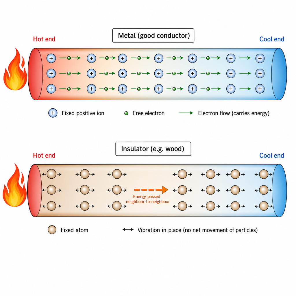 Two side-by-side rod diagrams. Left rod labelled "Metal (good conductor)": shows a lattice of large fixed positive ions with many small electron dots flowing in arrows from the hot red end on the left to the cool blue end on the right. Right rod labelled "Insulator (e.g. wood)": shows a lattice of large fixed atoms with only small double-headed vibration arrows on each atom, no free electrons, and a tiny "energy passed neighbour-to-neighbour" arrow at the centre. Both rods have a flame symbol on the left end. Clean technical diagram.
