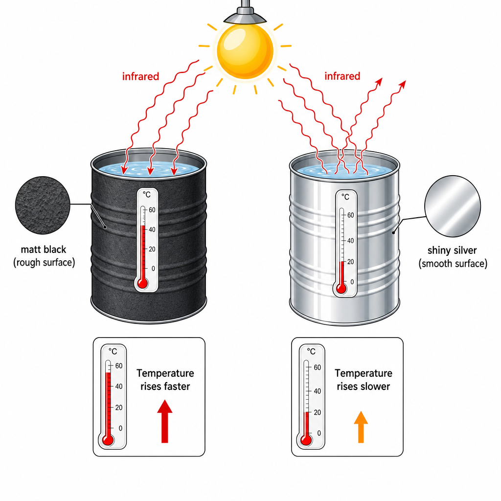 A diagram showing two cans of water side by side, both at the same starting temperature. The left can has a "matt black" surface (drawn dark grey, rough texture); the right can has a "shiny silver" surface (drawn light grey, smooth, with reflection highlights). Both cans face an identical heat source (a sun or lamp icon) drawn between them at the top. Wavy arrows (labelled "infrared") travel from the source to each can. The black can absorbs the arrows (drawn entering); the silver can reflects them (drawn bouncing off). A thermometer in each can shows the black can's reading rising faster. Clean technical comparison diagram.