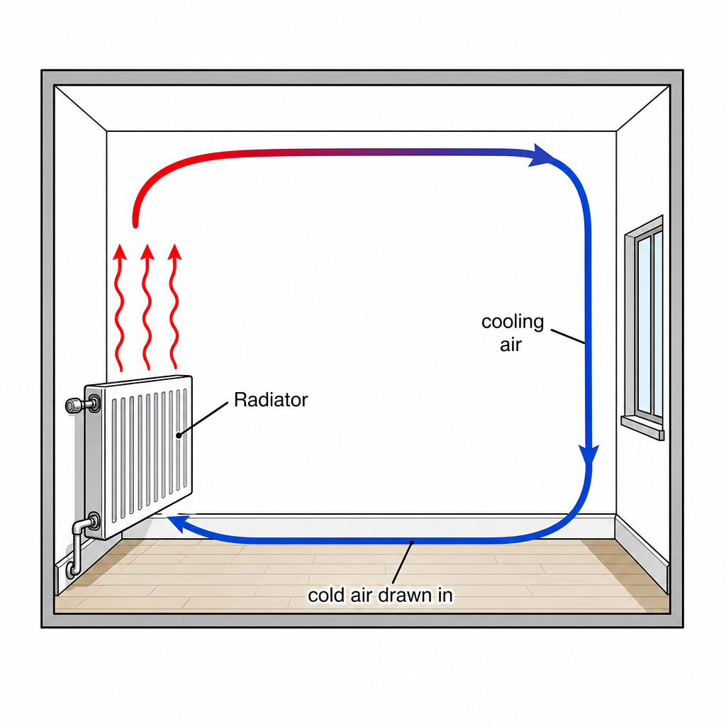 A cross-section diagram of a room. On the left wall a radiator is drawn with red squiggly heat arrows rising straight up. A curved arrow loops from above the radiator across the ceiling to the far right of the room, then down the right wall (labelled "cooling air"), then along the floor back toward the radiator (labelled "cold air drawn in"). The whole loop is one continuous arrow showing the convection current. Clean educational illustration with a small "Radiator" label on the heater and "Convection current" labelled on the loop arrow.