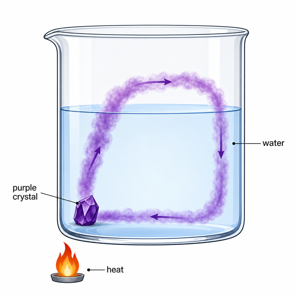A glass beaker viewed from the side, half full of water. In the bottom-left corner sits a small purple crystal. From the crystal a thick purple plume rises diagonally upward and curves across the top of the water toward the right wall, then descends down the right wall, then loops along the bottom back toward the crystal. The whole purple trail forms a closed convection loop. Below the beaker on the left, a small flame icon labelled "heat". Clean schematic.