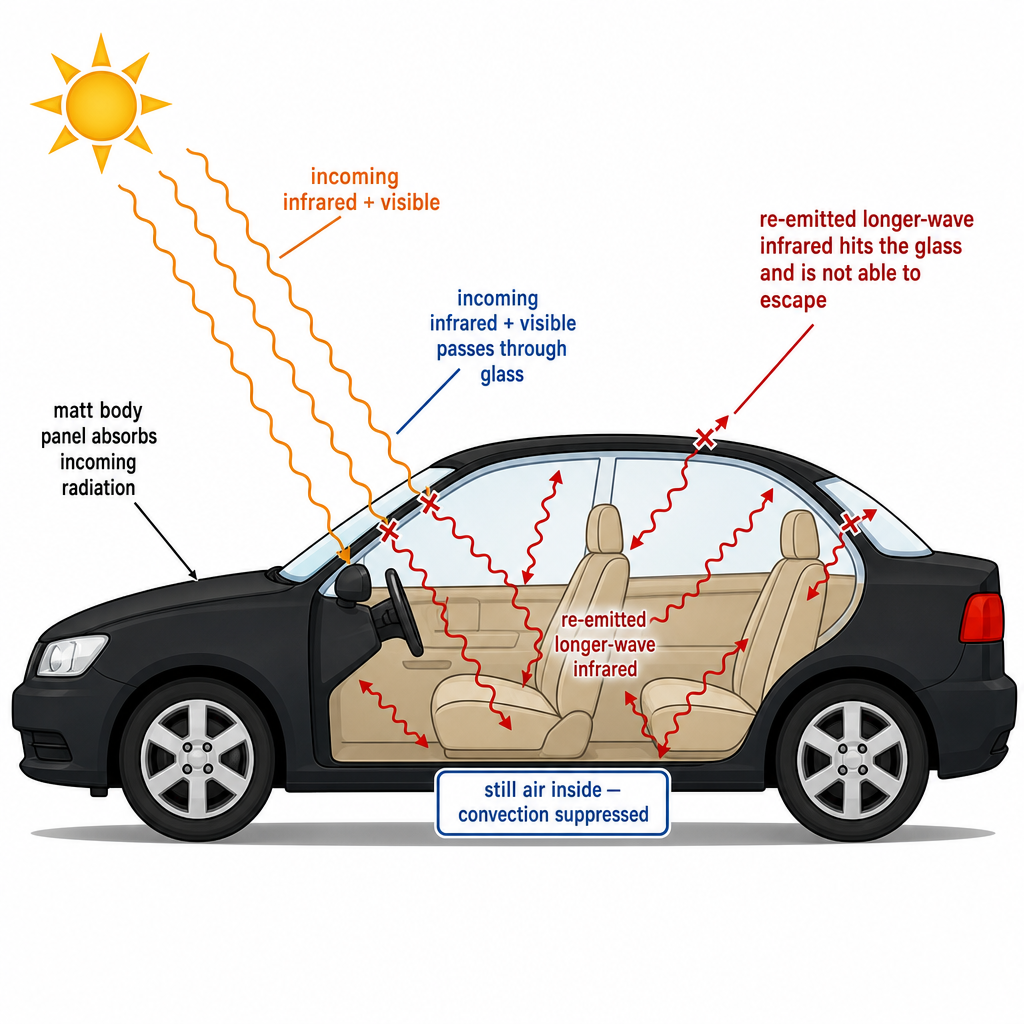 A side-view cartoon of a parked car under a sun icon. Long wavy arrows from the sun labelled "incoming infrared + visible" enter the windscreen and roof. Inside the car, smaller wavy arrows labelled "re-emitted longer-wave infrared" bounce off the upholstery and try to leave through the glass but are stopped by it (small "x" symbols on the arrows hitting the glass). On the outer surface a black "matt body panel" absorbs the incoming radiation. Inside, no airflow arrows are shown (still air) to indicate trapped convection. Clean educational illustration.