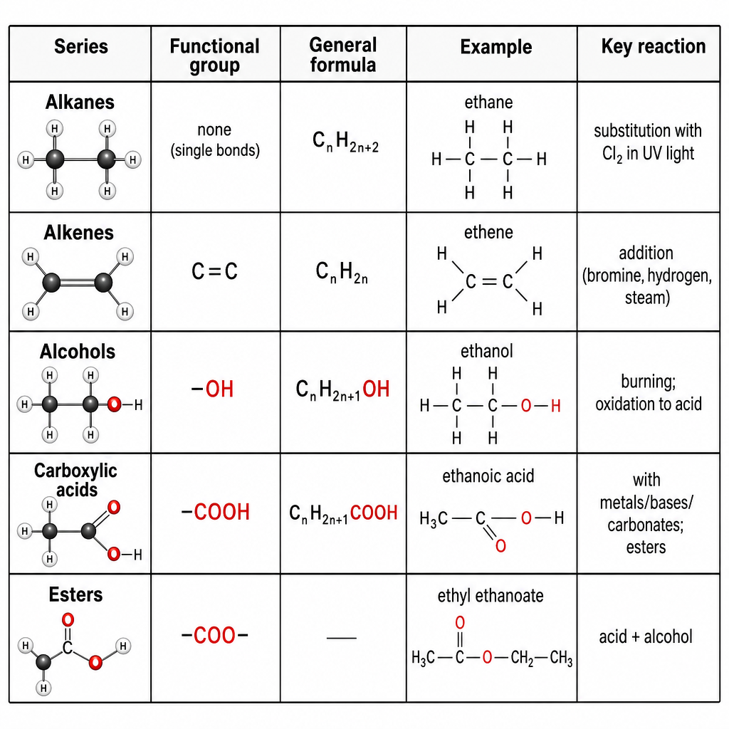 A reference table titled "The organic families at a glance" with five columns: Series, Functional group, General formula, Example, Key reaction. Five rows. Row 1 Alkanes, "none (single bonds)", "CโHโโโโ", "ethane", "substitution with Clโ in UV light". Row 2 Alkenes, "C=C", "CโHโโ", "ethene", "addition (bromine, hydrogen, steam)". Row 3 Alcohols, "-OH", "CโHโโโโOH", "ethanol", "burning; oxidation to acid". Row 4 Carboxylic acids, "-COOH", "CโHโโโโCOOH", "ethanoic acid", "with metals/bases/carbonates; esters". Row 5 Esters, "-COO-", "โ", "ethyl ethanoate", "acid + alcohol". Clean black-on-white table, header row bold.