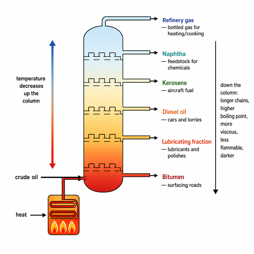 A labelled fractional distillation column for petroleum, drawn as a tall vertical tower with crude oil and heat entering at the bottom. From bottom (hot) to top (cool), six fractions branch off to the right with name and use: bottom "Bitumen โ surfacing roads"; "Lubricating fraction โ lubricants and polishes"; "Diesel oil โ cars and lorries"; "Kerosene โ aircraft fuel"; "Naphtha โ feedstock for chemicals"; top "Refinery gas โ bottled gas for heating/cooking". A vertical arrow on the left labelled "temperature decreases up the column" and one on the right labelled "down the column: longer chains, higher boiling point, more viscous, less flammable, darker". Clean black-on-white technical schematic with six labelled outlets and two trend arrows.