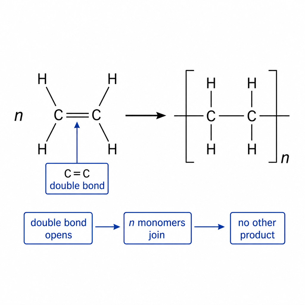 An addition-polymerisation schematic for ethene to poly(ethene). On the left, "n" before a single ethene monomer (two carbons joined by a double line, each bonded to two H atoms) with a label "C=C double bond". An arrow points right. On the right, the repeat unit in square brackets with subscript n: two carbons joined by a single line, each bonded to two H atoms, with a continuation bond out of each end carbon through the bracket. Caption: "double bond opens; n monomers join; no other product". Clean black-on-white line diagram.