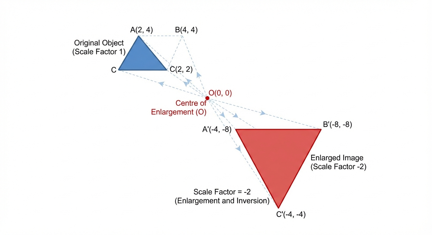 A diagram showing a triangle being enlarged by a scale factor of -2, with lines drawn from the centre of enlargement through the vertices of the original triangle to the vertices of the inverted, larger image.