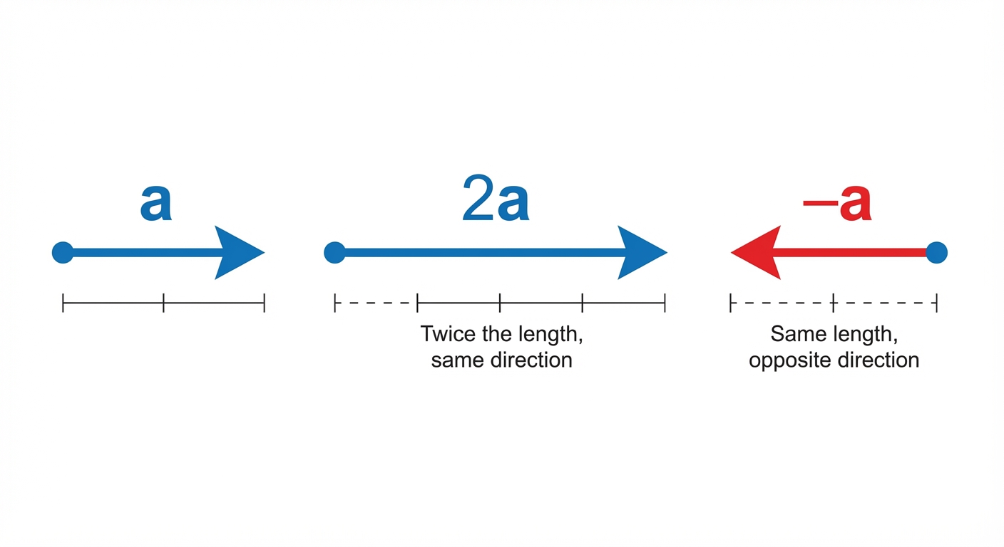 A diagram showing a vector 'a', then a vector '2a' which is twice as long in the same direction, and a vector '-a' which is the same length but pointing in the opposite direction.