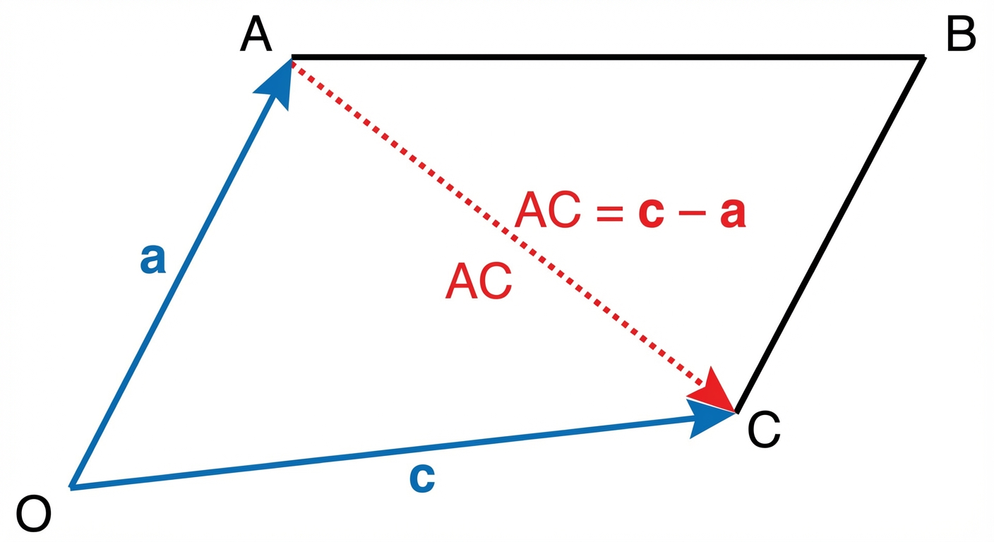 A diagram showing a quadrilateral OABC with position vectors and . The vector path is shown as a dotted line, illustrating that .