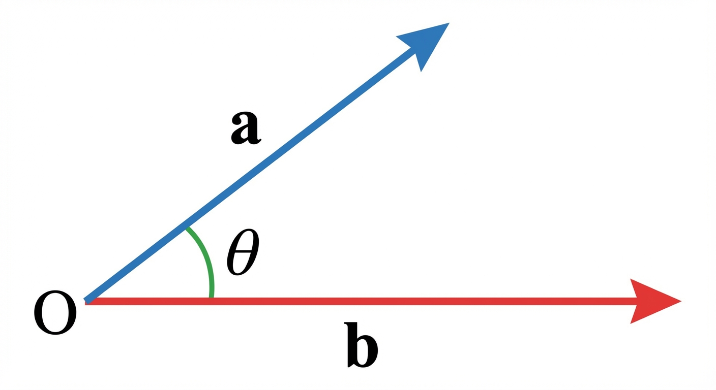 A diagram showing two vectors, a and b, originating from the same point 'O'. The angle θ is clearly marked between them.