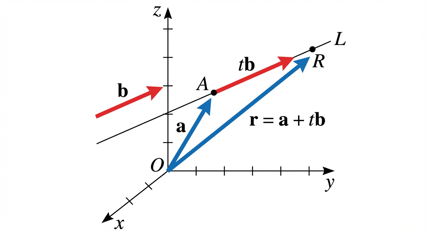 A 3D coordinate system showing the origin O. A line L is drawn in space. Point A is on the line, with its position vector 'a' shown as an arrow from O to A. A direction vector 'b' is shown as an arrow parallel to the line L. A generic point R is also on the line, with its position vector 'r' from O to R. The diagram clearly illustrates the vector addition r = a + tb, where the vector from A to R is labelled 'tb'.