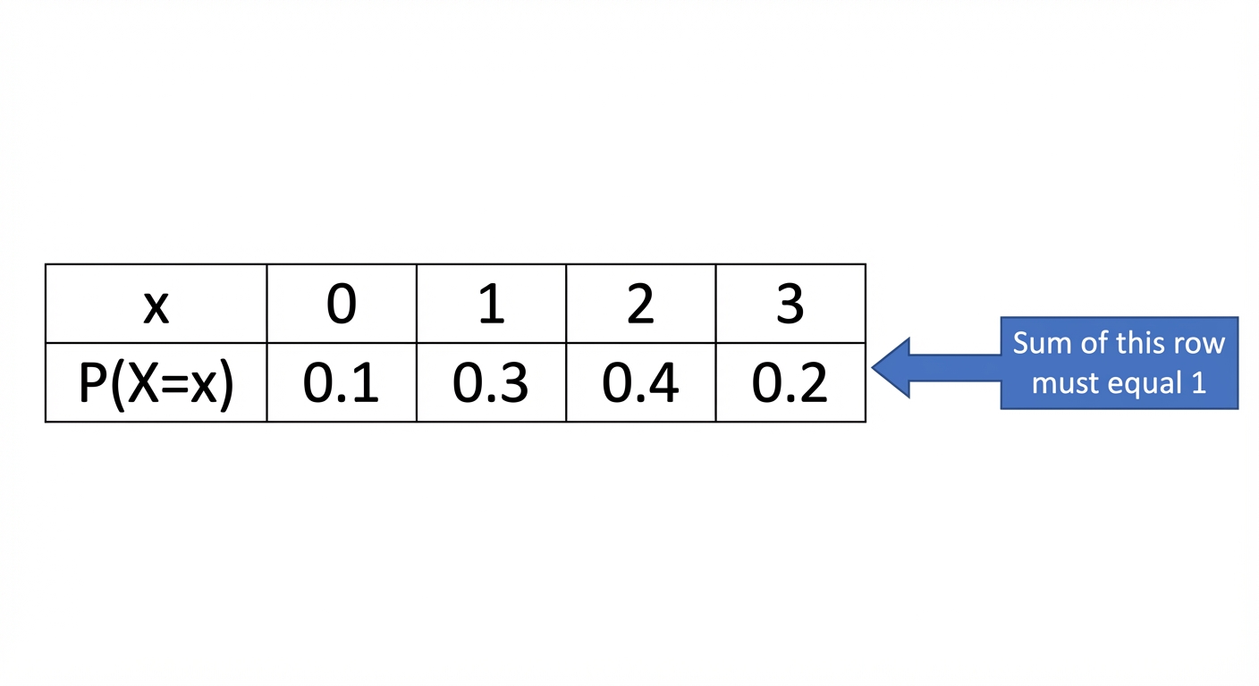 A standard two-row probability distribution table. The top row shows the possible values 'x' of a discrete random variable X (e.g., 0, 1, 2, 3). The bottom row shows the corresponding probabilities 'P(X=x)' (e.g., 0.1, 0.3, 0.4, 0.2). An arrow points to the bottom row with a note saying 'Sum of this row must equal 1'.