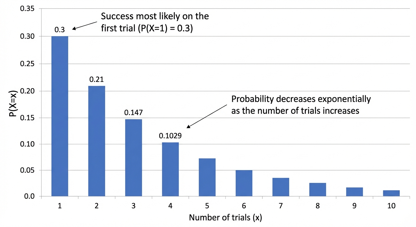 A bar chart showing the probability distribution for X ~ Geo(0.3). The x-axis is 'Number of trials (x)' and the y-axis is 'P(X=x)'. The bars are highest at x=1 and decrease exponentially, showing that an early success is most likely.