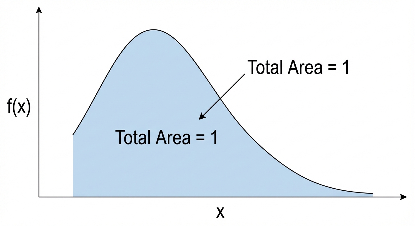 A graph showing a generic curve for f(x) entirely above the x-axis. The total area between the curve and the x-axis is shaded and labelled 'Total Area = 1'