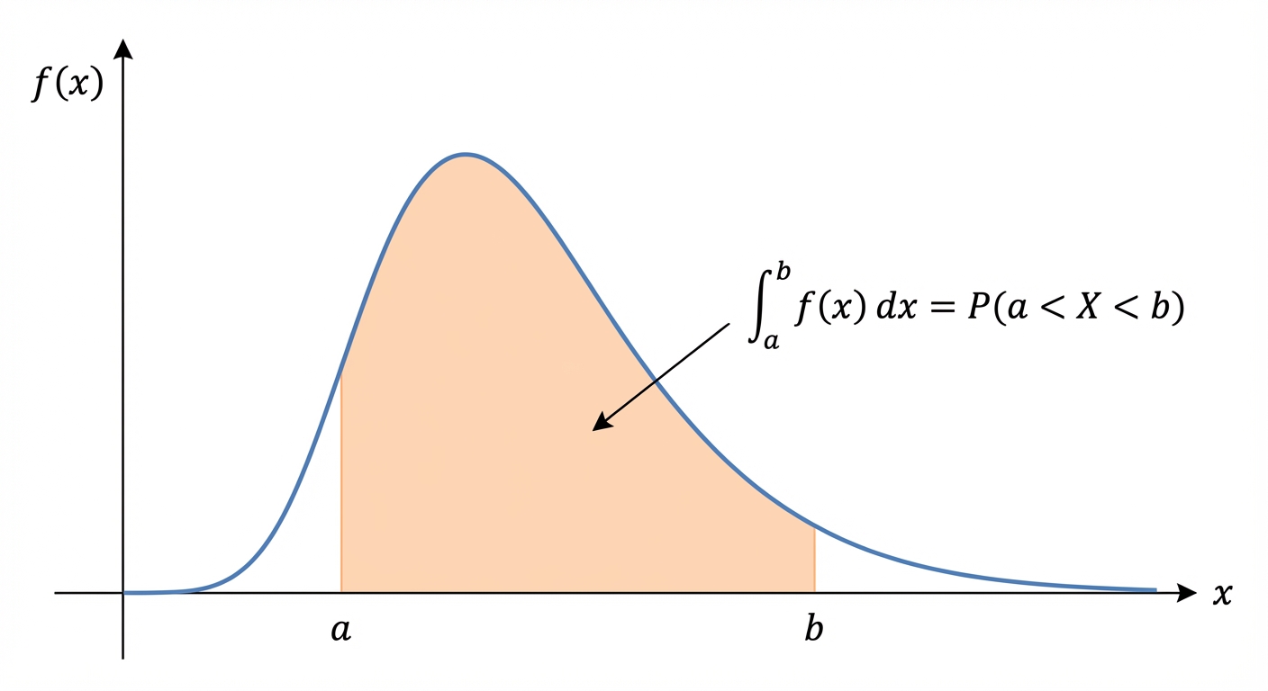 A graph of a generic PDF curve, like a skewed bell shape. The x-axis is labelled 'x' and the y-axis is 'f(x)'. The area under the curve between two points, 'a' and 'b' on the x-axis, is shaded in. An integral sign formula is written next to it.