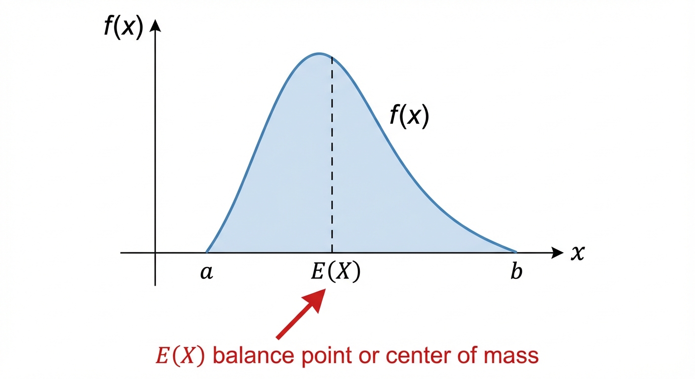 A diagram showing a PDF curve. An arrow points to the E(X) value on the x-axis, labelling it the 'balance point' or 'center of mass' of the shape.