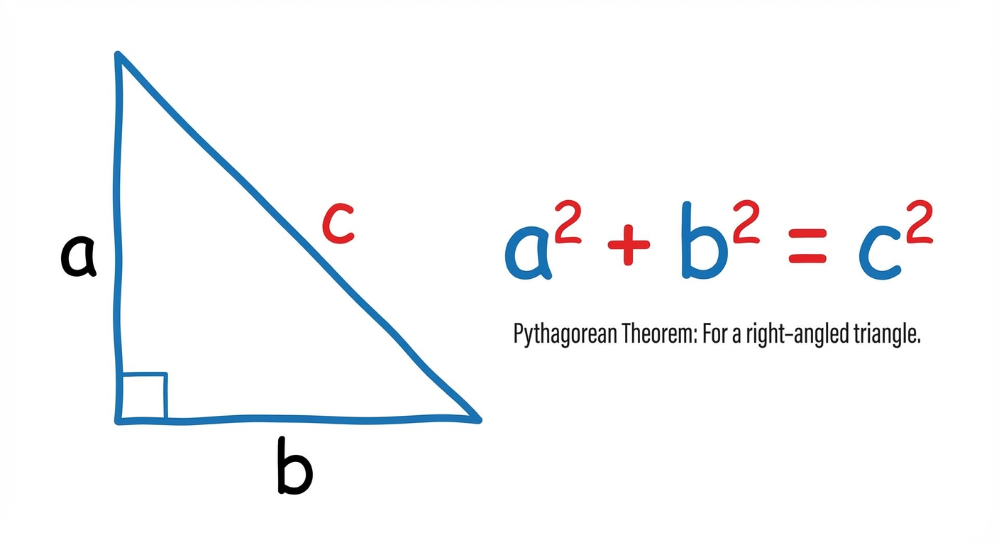 A right-angled triangle with sides labelled a, b (the shorter sides) and c (the hypotenuse, opposite the 90-degree angle). The formula a^2 + b^2 = c^2 is written next to it.