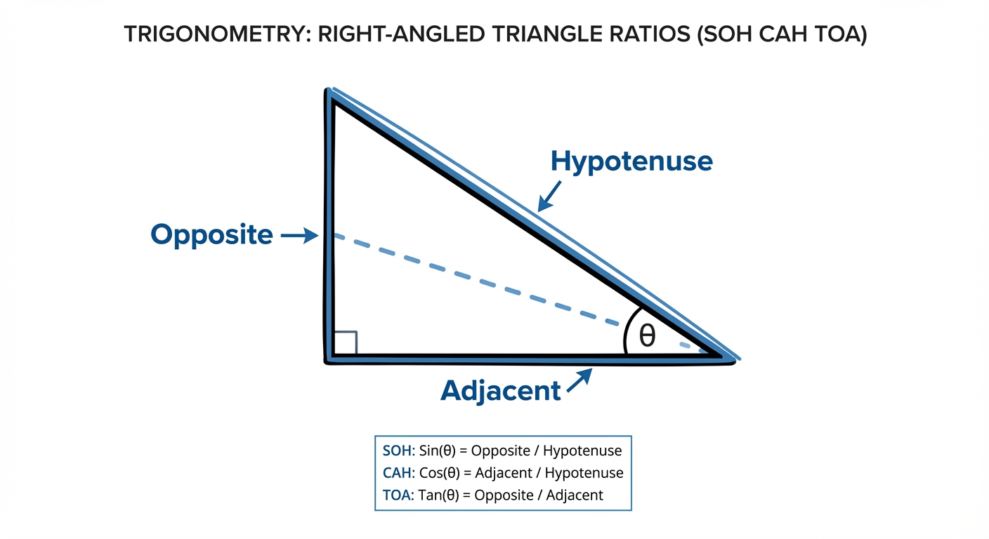 A right-angled triangle with an angle ΞΈ marked. From ΞΈ, the Opposite, Adjacent, and Hypotenuse sides are clearly labelled.