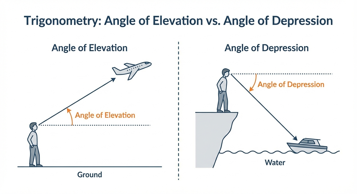 A split diagram. Left side shows a person on the ground looking up at a plane, with the 'angle of elevation' marked from the horizontal. Right side shows a person on a cliff looking down at a boat, with the 'angle of depression' marked from the horizontal.