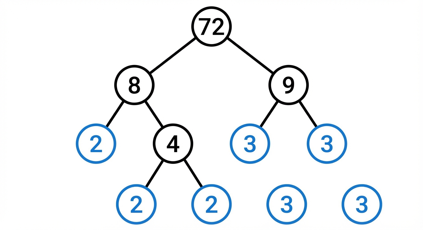 A factor tree diagram for the number 72, showing it branching down into its prime factors of 2, 2, 2, 3, and 3.