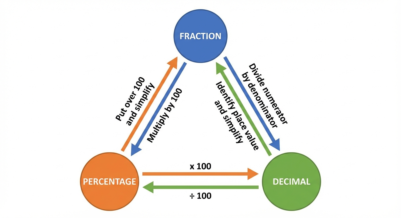 A triangular diagram showing the conversion paths between Fractions, Decimals, and Percentages. Arrows indicate the operation needed, e.g., 'Divide numerator by denominator' for Fraction -> Decimal, 'x 100' for Decimal -> Percentage, 'Put over 100 and simplify' for Percentage -> Fraction.